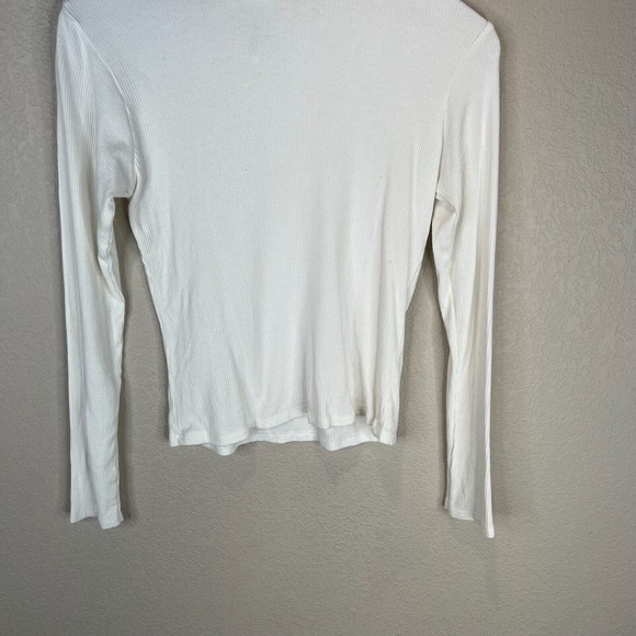 Laia Womens Crop Top Tee White Ribbed Knit Mock Neck Long Sleeve Fitted Preppy - Picture 4 of 9
